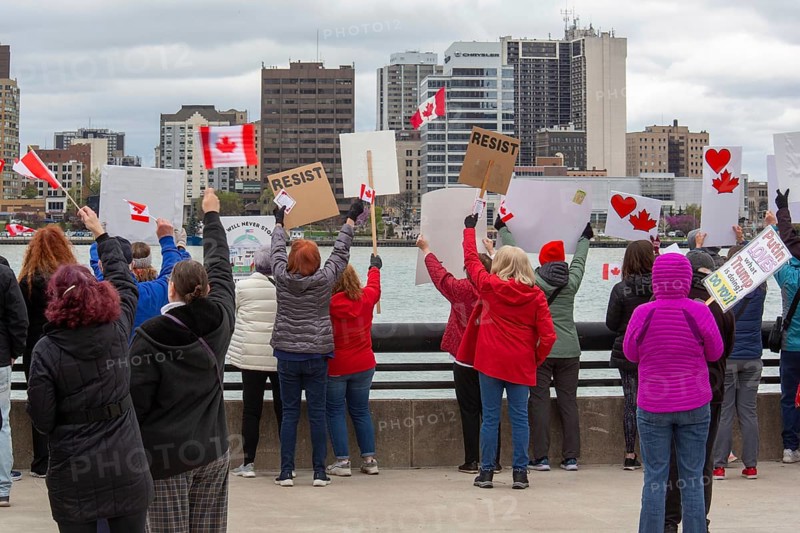 Detroit, Michigan USA - 26 April 2025 - A 'Bridging Our Friendship' rally on the banks of the Detroit River pushes back at the anti-Canada attitude of the Trump Administration. A similar rally took place acress the river in Windsor, Ontario, and at other border crossings in Michigan and Ontario
