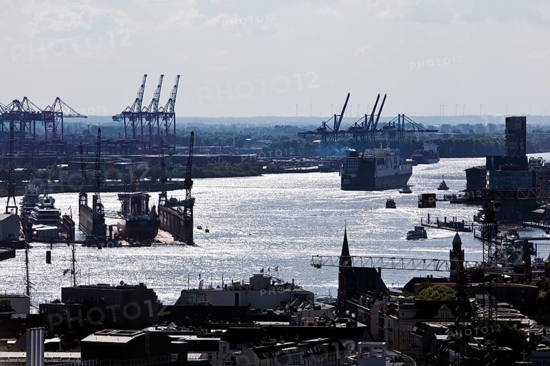 View of the Norderelbe and the harbour from the St. Nikolai memorial, Hamburg, Germany