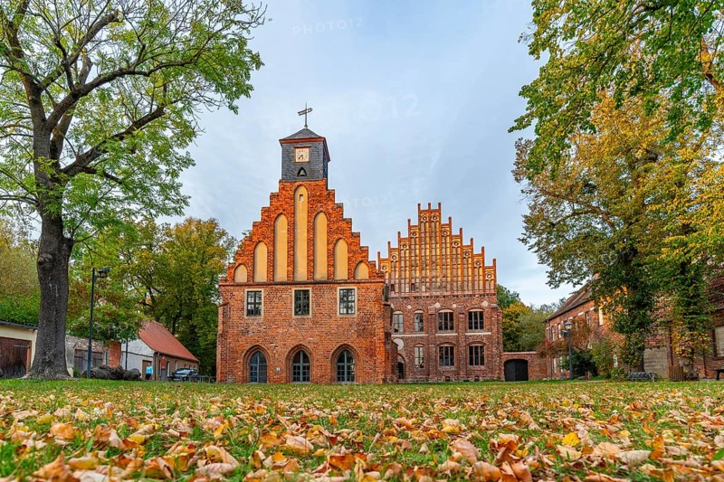 Autumn atmosphere with leaves in the meadow in front of Zinna Monastery with its brick architecture, Jüterbog, Fläming, Brandenburg, Germany