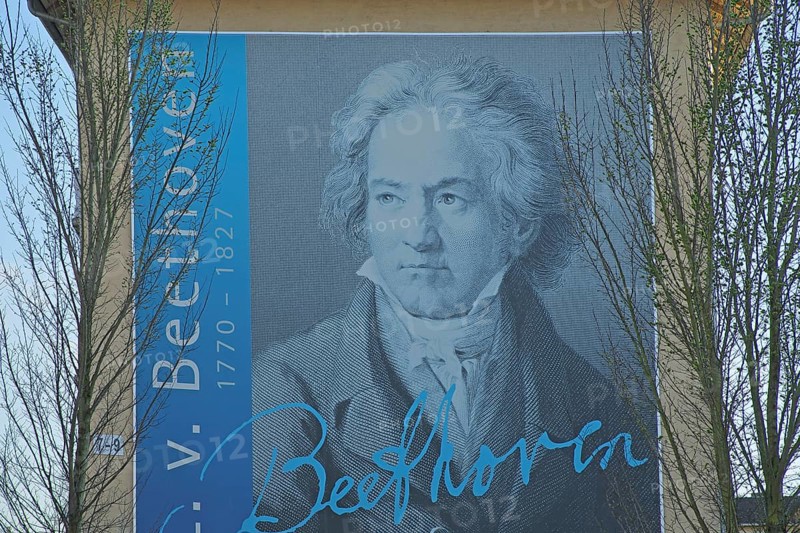 Portrait of the composer Ludwig van Beethoven on a block of flats with signature and year, lifetime, inscription, head, lithograph, monochrome, black and white, grey, blue, mural, street art, wall painting, drawing, building, residential area, Kreuzmatt, Kehl, Ortenau, Baden-Württemberg, Germany