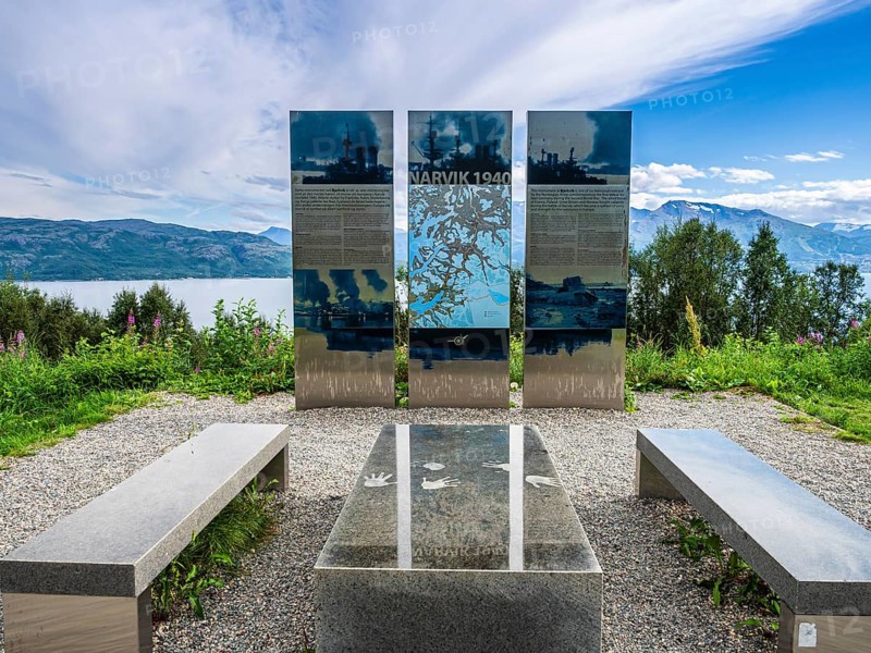 World War II monument at Bjerkvik, at road E10 Narvikfjord, in memoriam of battle of Narvik in 1940, Norway