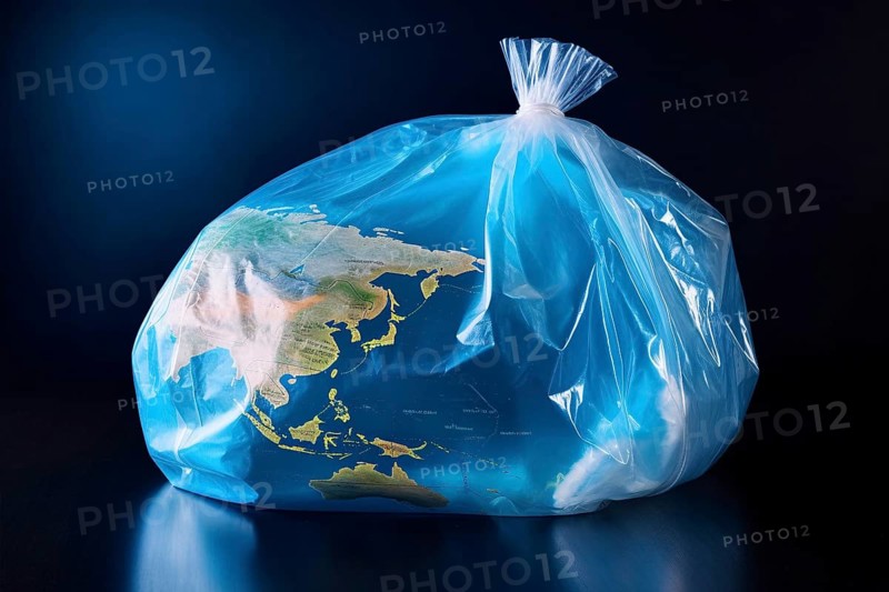 Melted planet eart in plastic bag. KI generiert, generiert AI generated