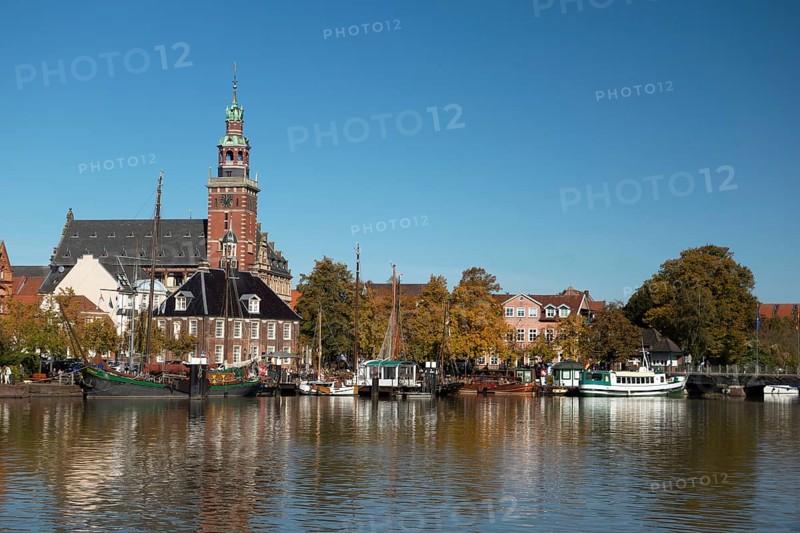 Museum harbour, town hall, Leer, East Frisia, Lower Saxony, Germany