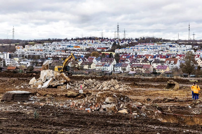 Construction work for a new development area for 460 flats in the new Böckinger Strasse neighbourhood in the Zuffenhausen-Rot district. Sealing of almost six hectares of farmland. Symbolic photo. The buildings are projects of the International Building Exhibition IBA27 in Stuttgart. Stuttgart, Baden-Württemberg, Germany