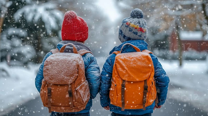 Two school boys in winter attire walk through a snowy landscape wearing backpacks, AI generated