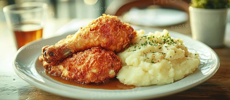 Golden fried chicken drumstick with mashed potatoes, topped with gravy and herbs, AI generated