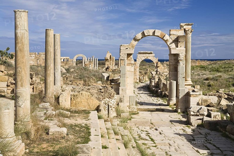 Arch of Trajan, in front of Arch of Tiberius, Via Trionfale, ruined city of Leptis Magna, Libya