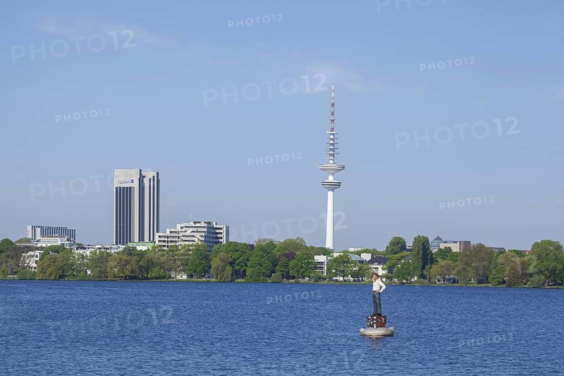 Outer Alster with Radisson Blu Hotel, Telemichel television tower and Alster buoyman, Hamburg, Germany