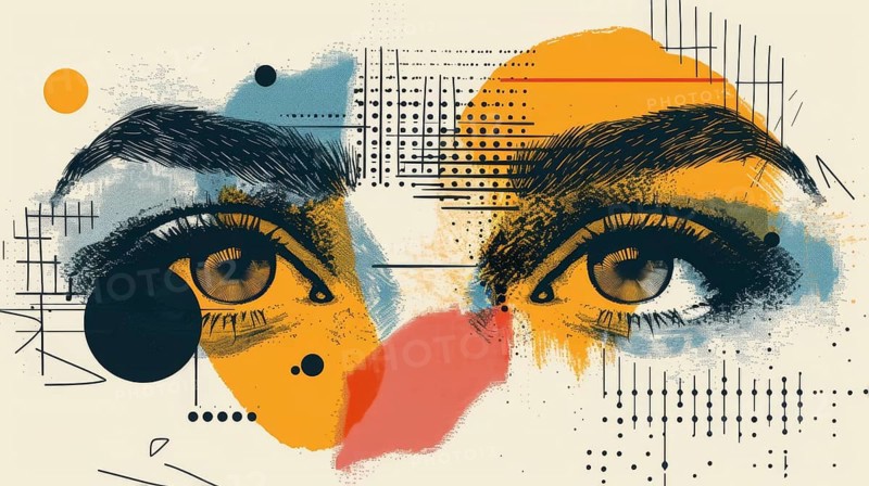 Bold and detailed abstract art with a focus on eyes amidst a mix of vibrant colors and intricate patterns, AI generated