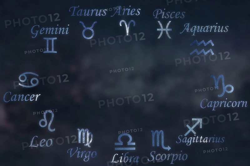 Zodiac constellations Cancer, Pisces, Aquarius, Capricorn, Sagittarius, Scorpio, Libra, Virgo, Leo, Gemini, Taurus, Aries. Galaxy background