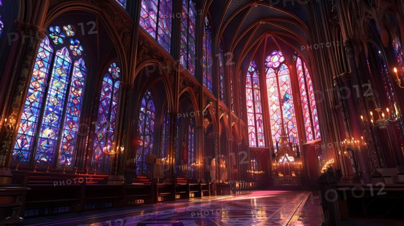 Interior of a gothic cathedral with vibrant stained glass windows and ornate details, Paris, illustration, AI generated
