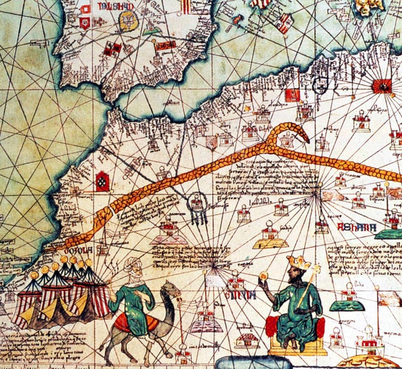 Musa I (c. 1280 - c. 1337), commonly referred to as Mansa Musa, was the tenth mansa, which translates as 'king of kings' or 'emperor', of the Malian Empire. At the time of Mansa Musa's rise to the throne, the Malian Empire consisted of territory formerly belonging to the Ghana Empire and Melle Mali and immediate surrounding areas. Musa held many titles, including Emir of Melle, Lord of the Mines of Wangara, and conqueror of Ghanata, Futa-Jallon, and at least another dozen states. He was the wealthiest West African ruler of his day.<br/><br/> The Catalan Atlas (1375) is the most important Catalan map of the medieval period. It was produced by the Majorcan cartographic school and is attributed to Cresques Abraham, a Jewish book illuminator who was self-described as being a master of the maps of the world as well as compasses. It has been in the royal library of France (now the Bibliothèque nationale de France) since the late 14th century