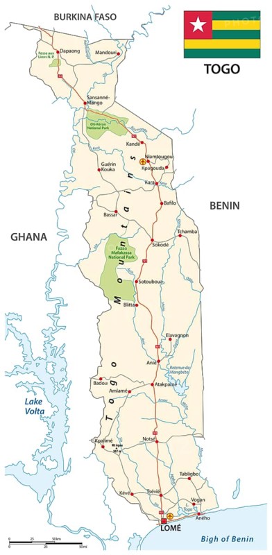 Vector road map of west african state togo with flag