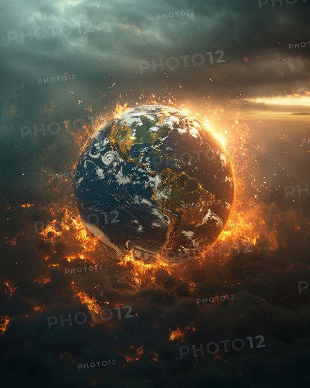 A depiction of the Earth engulfed in flames against a dark background, AI generated