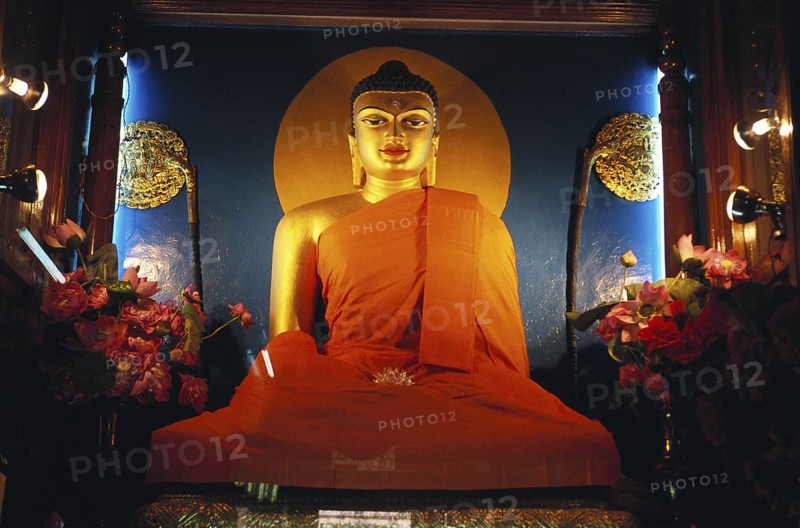Huge gilded Buddha his hands touching earth inside Mahabodhi temple, Bodhgaya, Bihar, India