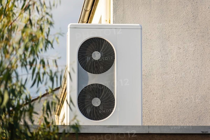 A heat pump on the roof of a garage in Langenfeld, Germany