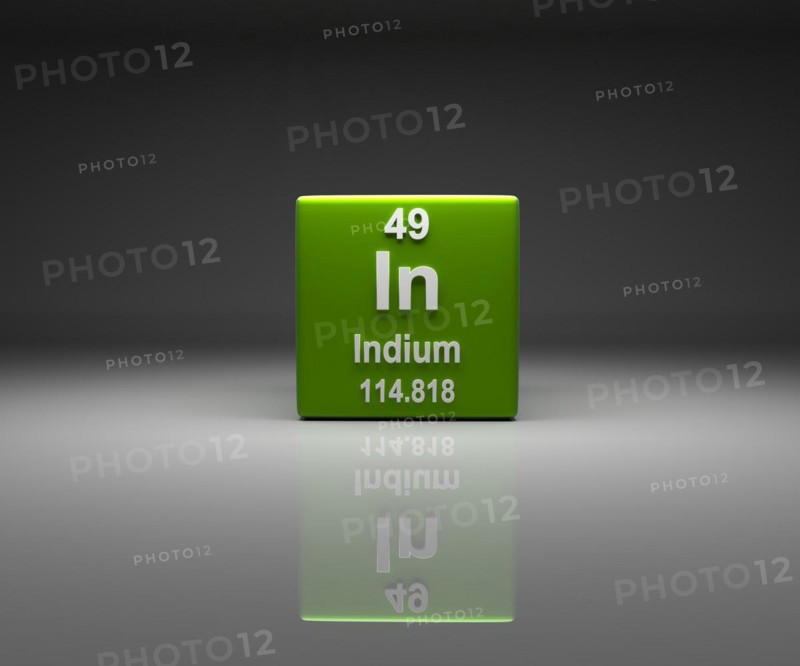 Cube with Indium number 49 periodic table, 3d rendering