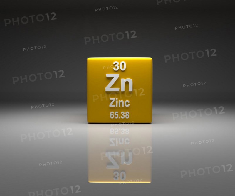 Cube with Zinc number 30 periodic table, 3d rendering