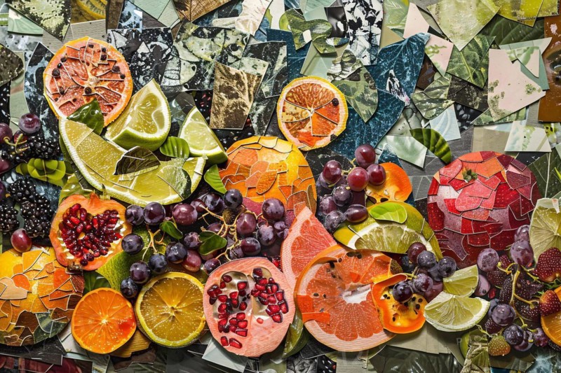 Sliced citrus fruits and grapes on a colorful abstract mosaic background, digital collage, AI generated