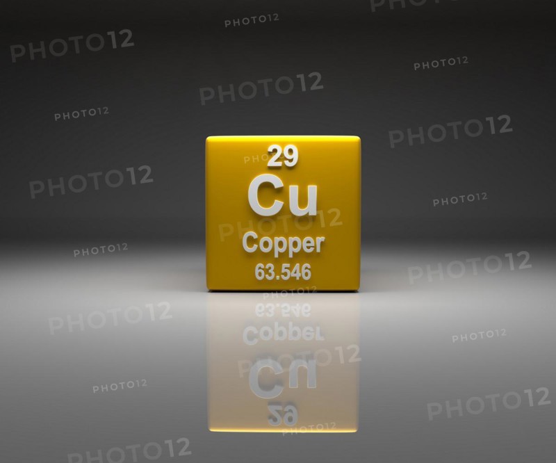 Cube with Copper number 29 periodic table, 3d rendering