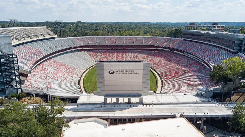 October 03, 2018, Athens, Georgia, USA: Aerial views of Sanford Stadium, which is the on-campus playing venue for football at the University of Georgia in Athens, Georgia, United States. The 92, 746-seat stadium is the tenth-largest stadium in the NCAA