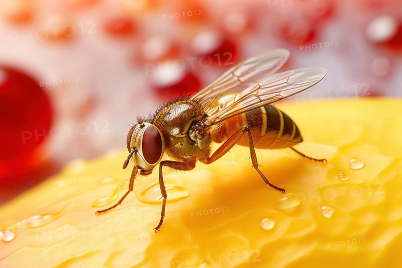 Close-up of a fruit fly, fruit fly, vinegar fly (Drosophila Melanogaster) on fruit, AI generated