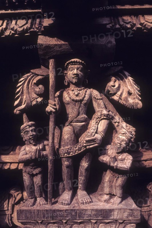 Lord Dandayudhapani Muruga Murugan, 17th century wooden carvings in Meenakshi-Sundareswarar temple Chariot at Madurai, Tamil Nadu, South India, India, Asia