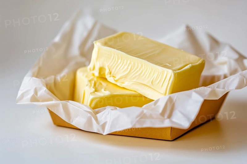 A piece of butter in opened wrapping paper placed in a cardboard tray on a white background, AI generated, AI generated