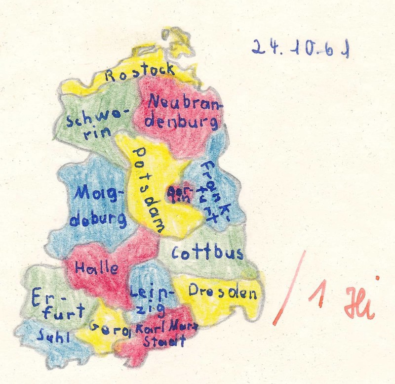 Homework for school, historical map of East Germany with main cities, GDR, 1961, Länder mit Hauptstädten der DDR, Kinderzeichnung von 1961, Hausaufgabe der Schule mit sehr gut benotet