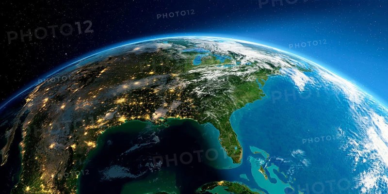 Highly detailed Earth with atmosphere, exaggerated relief and light-flooded cities. Transition from night to day. North America. Gulf of Mexico and Florida. 3D rendering. Elements of this image furnished by NASA