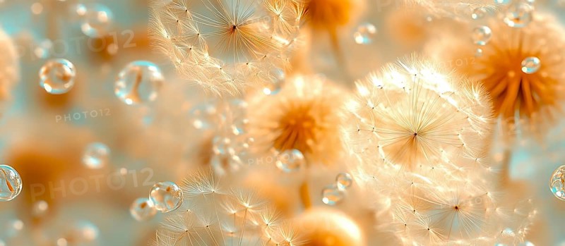 Golden dandelion seeds with sparkling droplets and a bokeh effect, creating a light and airy atmosphere, AI generated