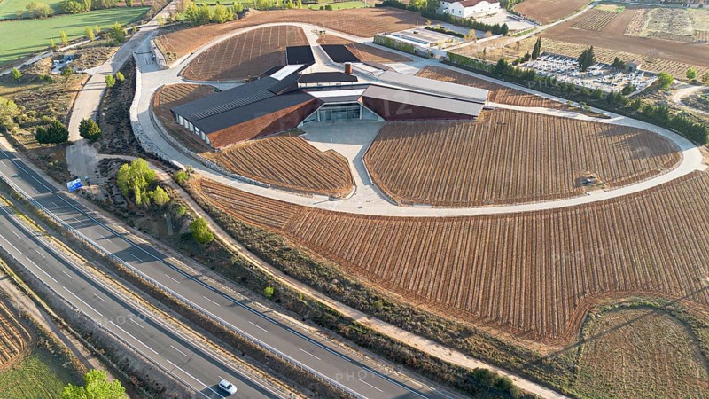 Gumiel de Izan, Burgos, Spain: aerial view of the Portia winery designed by Foster & Partners in the Ribera del Duero appellation of origin wine-growing area