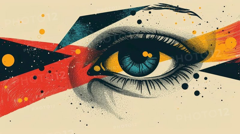 Single eye depicted in abstract style using geometric shapes and an array of bold colors creating a modern feel, AI generated