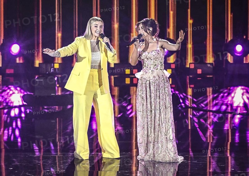 The presenter Beatrice Egli with Sarah Engels at the recording of The Beatrice Egli Show in Berlin-Adlershof