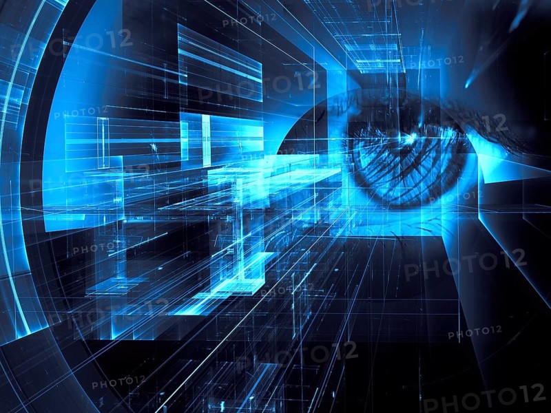 Human eye and. futuristic tunnel or portal - abstract collage. Artificial intelligence or data security concept background. For web design, banners, posters