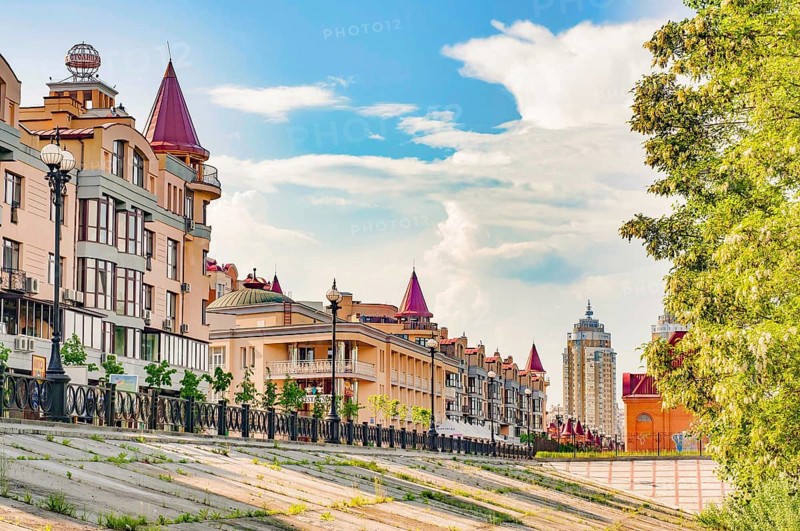 Kiev Ukraine, July 118, 2011: view of residential buildings in Obolonska Naberezhna, in the Obolon district of Kiev, at dawn
