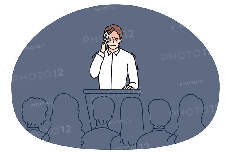 Nervous man feel stressed speaking in front of public. Anxious worried male speaker sweat with pain and anxiety on stage. Concept of audience fear. Flat vector illustration