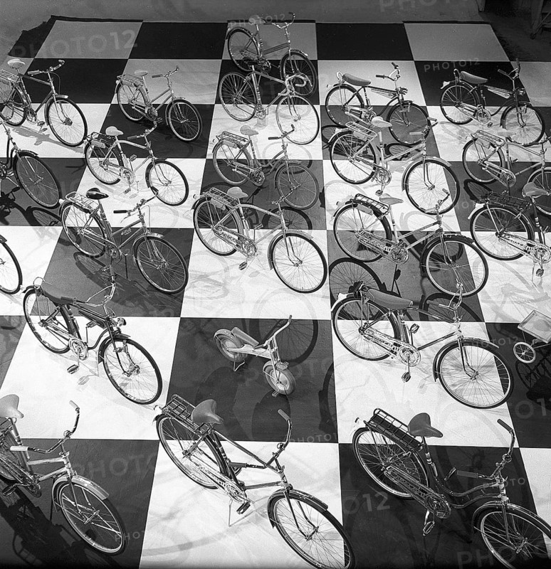 1950s bicycles. Swedish bicycle manufacturer Nymanbolaget built their first bicycles 1888. Here in the 1950s the company was one of the leading bicycle manufacturers in Europe. The picture shows bicycles of different models when making a advertisment 1958. The company marketed itself as producing the World champion bike. Sweden 1958 ref CV9-7