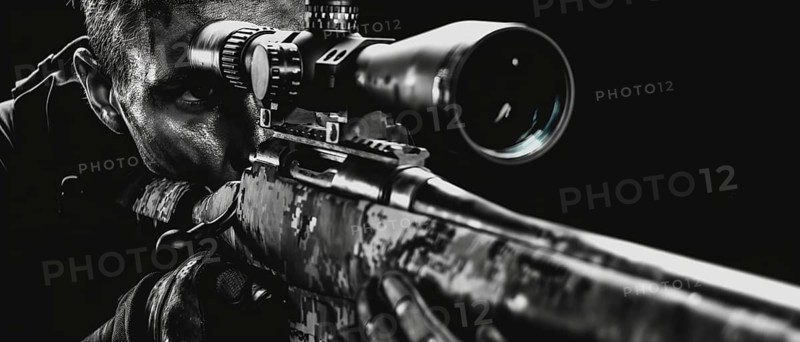 Close-up black-and-white image of a sniper aiming a rifle with an intense look in a dark setting, AI generated