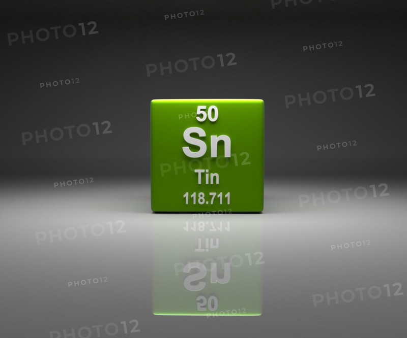 Cube with Tin number 50 periodic table, 3d rendering