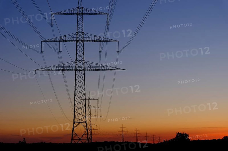 Power line, overhead line, power line, silhouette, sunset, Federal Republic of Germany