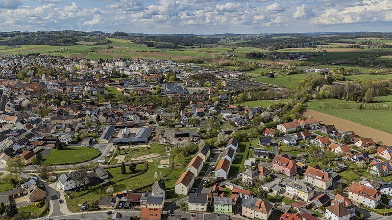 Panorama of a town and surrounding green landscape under a cloudy sky, Mitterteich, Upper Palatinate, Bavaria, Germany