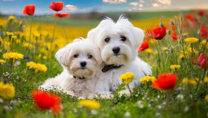 KI generated, animal, animals, mammal, mammals, biotope, habitat, two animals, white, white, Maltese, (Canis lupus familiaris), flower meadow
