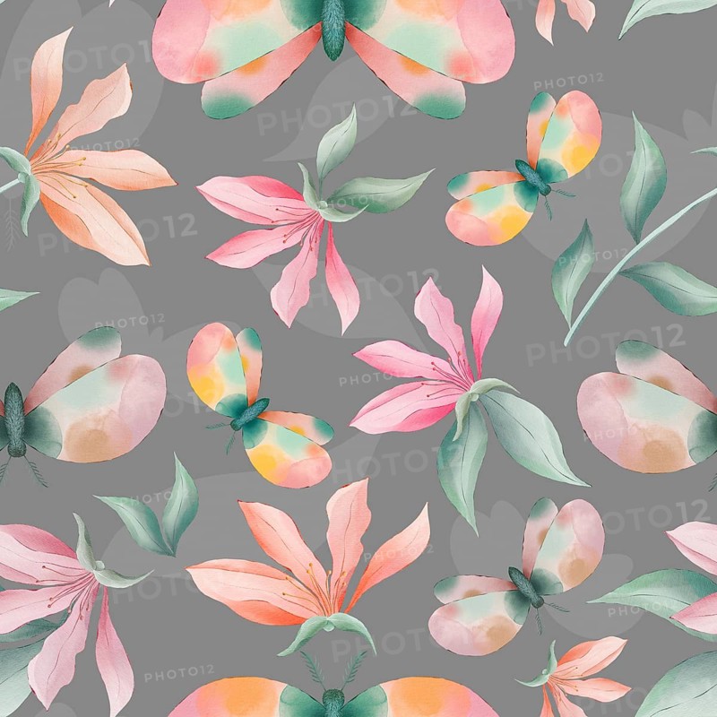 Magnolia flowers and moths on grey background watercolor painting, seamless repeat pattern