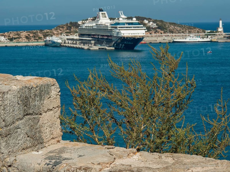 Large cruise ship in harbour with coast and trees under blue sky, ibiza, mediterranean sea, spain