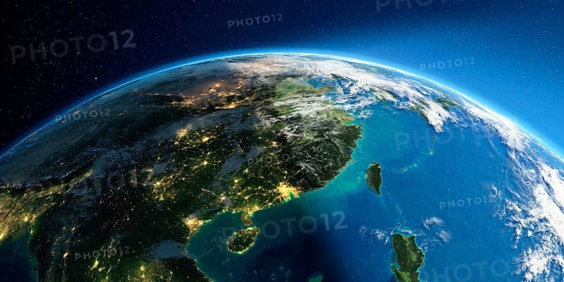 Highly detailed Earth with atmosphere, exaggerated relief and light-flooded cities. Transition from night to day. Eastern China and Taiwan. 3D rendering. Elements of this image furnished by NASA