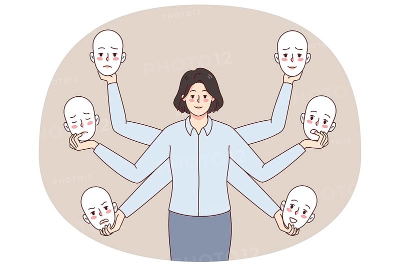 Businesswoman holding different masks choose moods and emotions in office. Woman feel emotional. Liar or bipolar disorder. Flat vector illustration