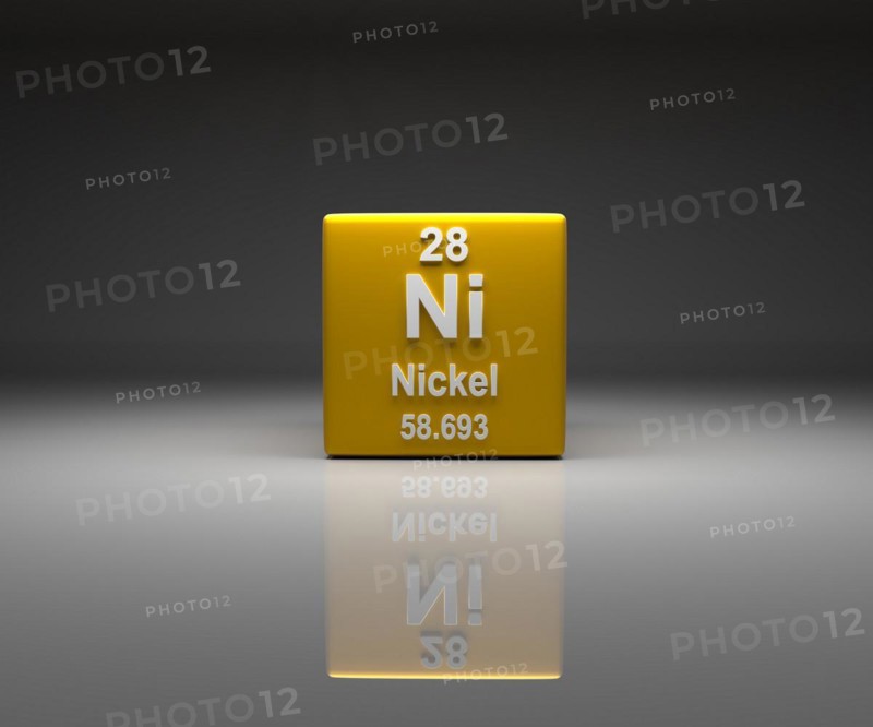 Cube with Nickel number 28 periodic table, 3d rendering
