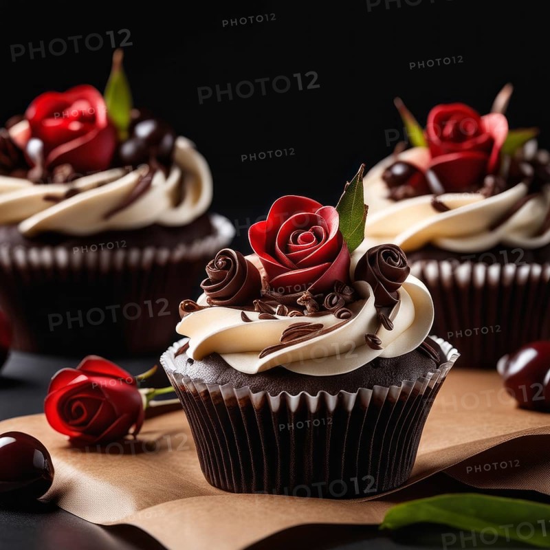 Luxurious chocolate cupcakes with intricate red rose decorations on creamy swirls, Chocolate Cupcake, AI generated