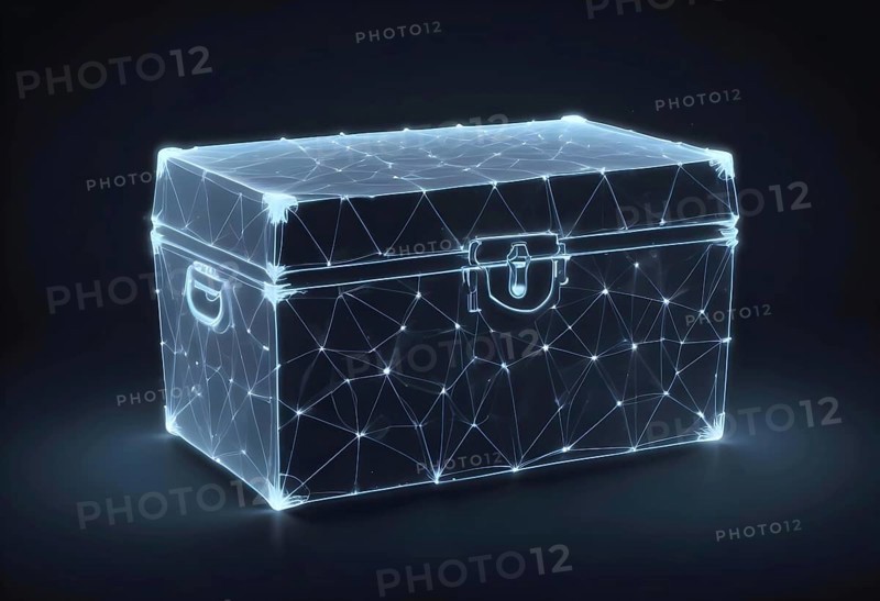 Futuristic glowing treasure chest in neon blue, depicted in digital art, AI generated